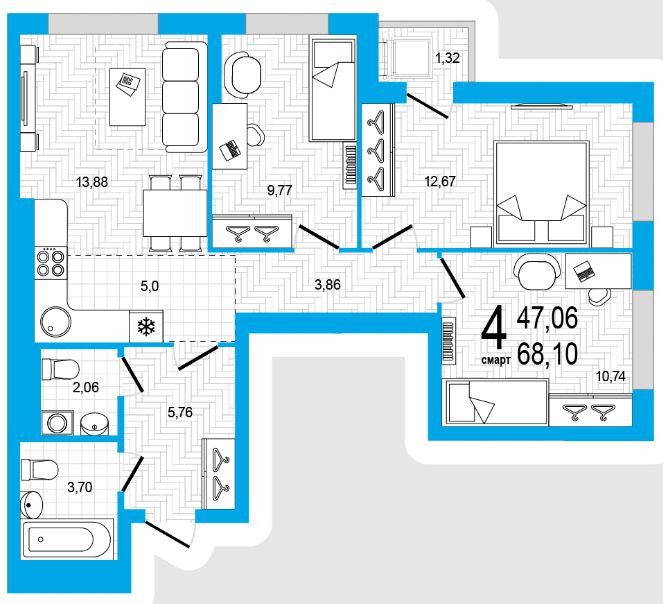 Продаётся 2-комнатная квартира, 68.1 м²
