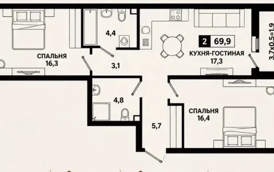 Продаётся 3-комнатная квартира, 70 м²