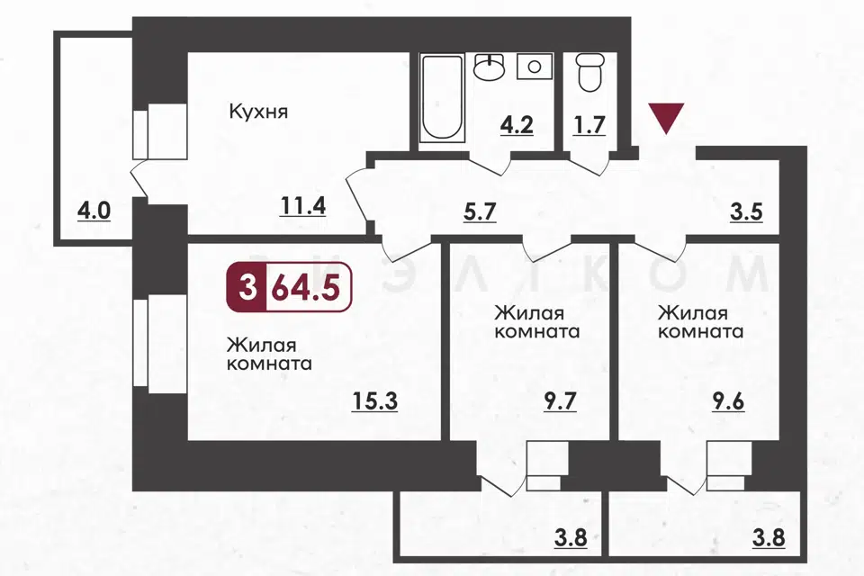 Продаётся 3-комнатная квартира, 64.5 м²