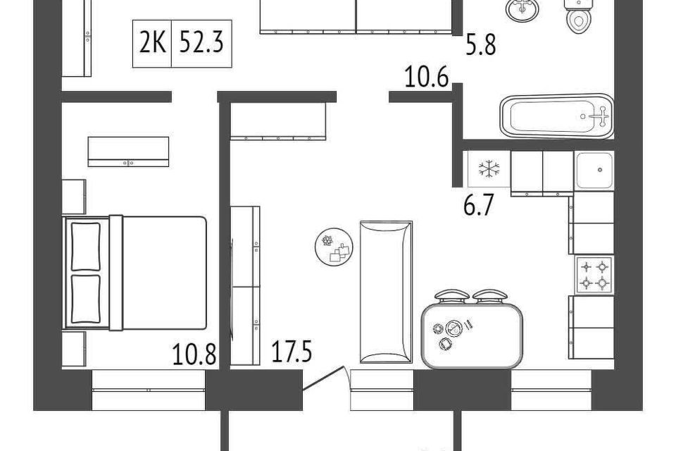 Продаётся 2-комнатная квартира, 51.8 м²