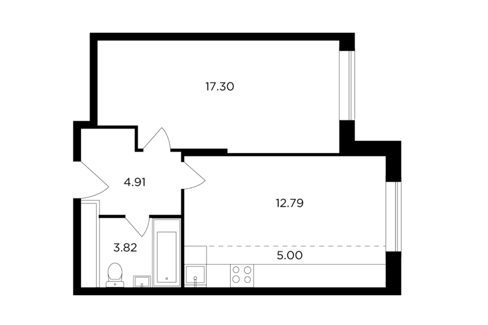 Продаётся 1-комнатная квартира, 43.7 м²