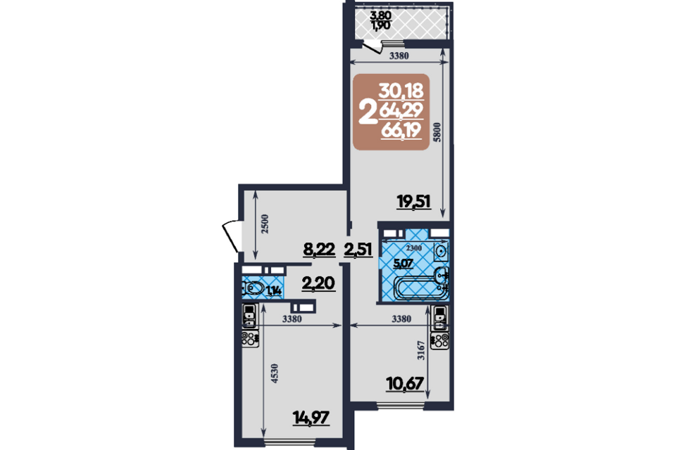 Продаётся 2-комнатная квартира, 66 м²