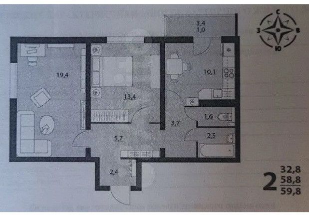 Продаётся 2-комнатная квартира, 58.9 м²