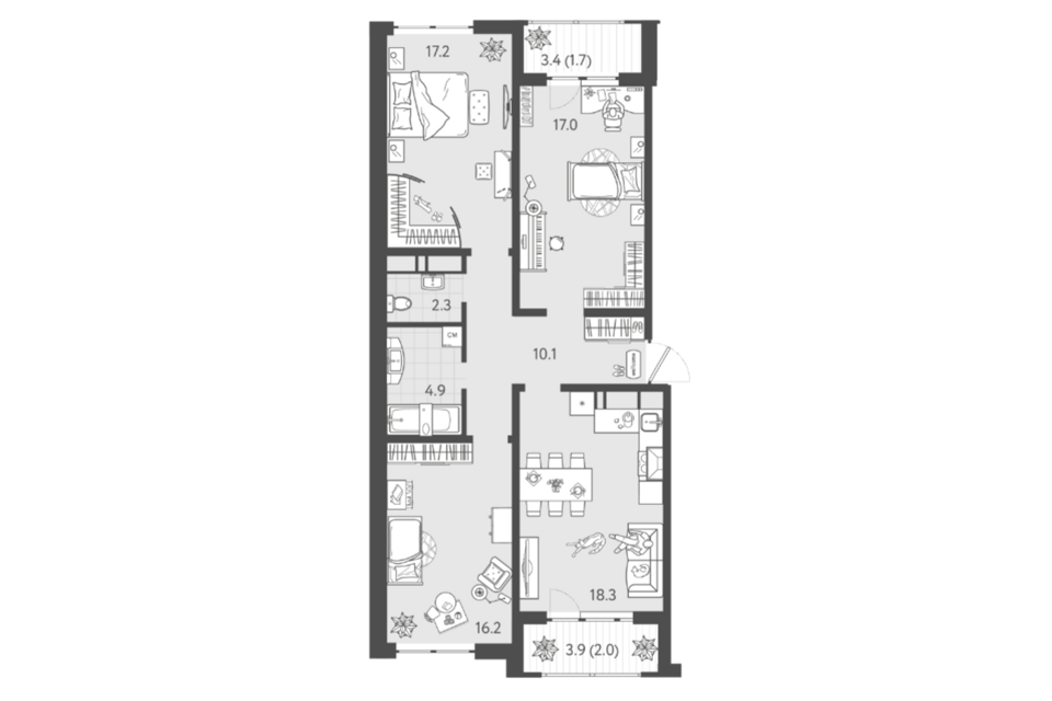 Продаётся 3-комнатная квартира, 92.8 м²