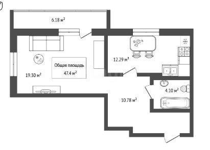 Продаётся 1-комнатная квартира, 47.4 м²