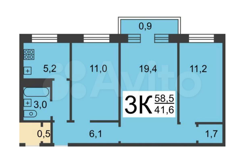 Продаётся 3-комнатная квартира, 58.9 м²