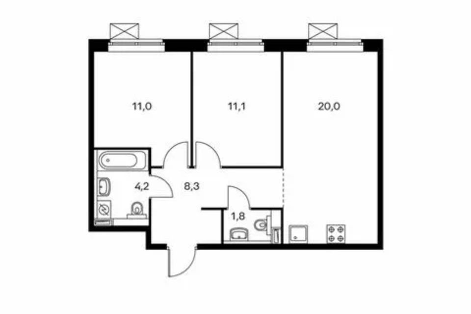 Продаётся 2-комнатная квартира, 55.6 м²
