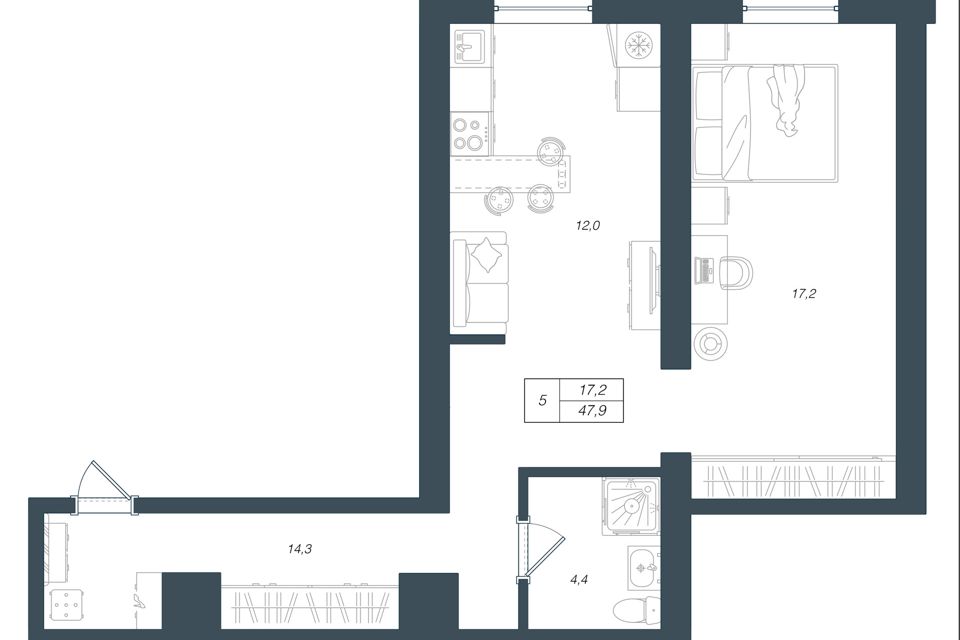 Продаётся 1-комнатная квартира, 48.1 м²