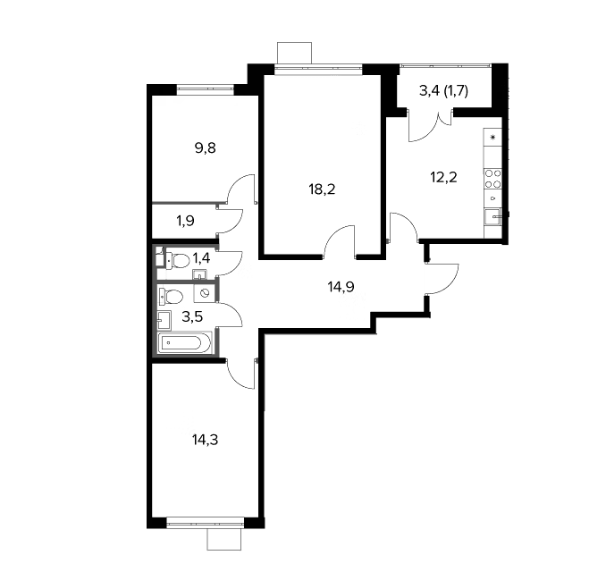 Продаётся 3-комнатная квартира, 77.9 м²