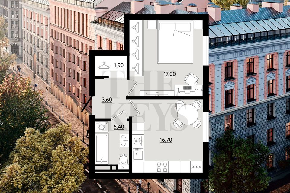 Продаётся 1-комнатная квартира, 44.6 м²