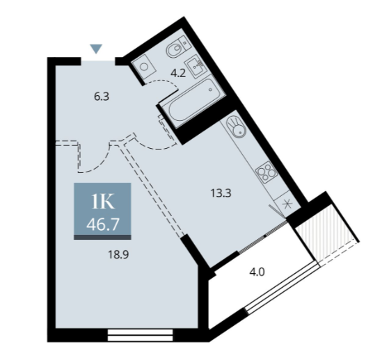 Продаётся 1-комнатная квартира, 46.7 м²