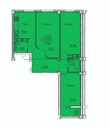 Продаётся 3-комнатная квартира, 76.3 м²