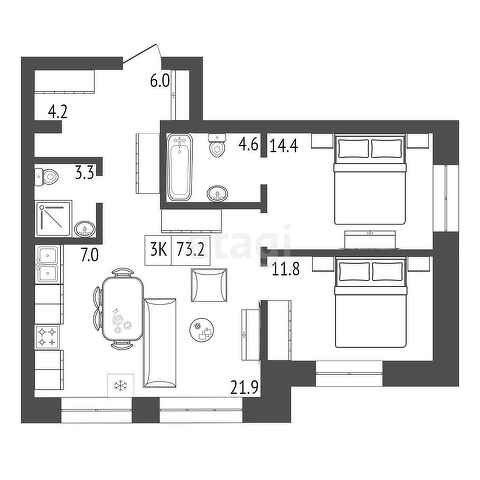 Продаётся 2-комнатная квартира, 73.2 м²