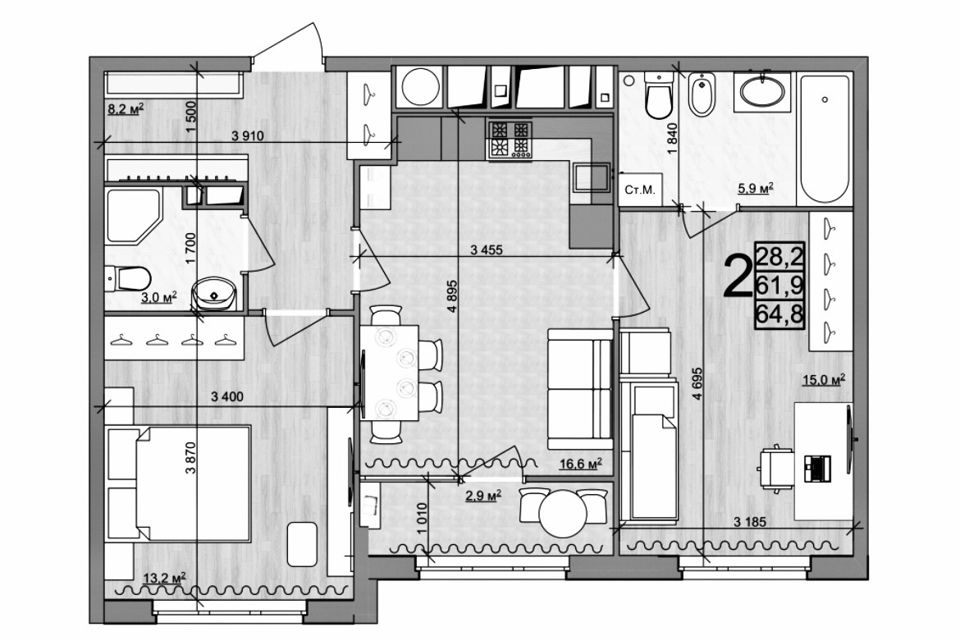 Продаётся 2-комнатная квартира, 65 м²