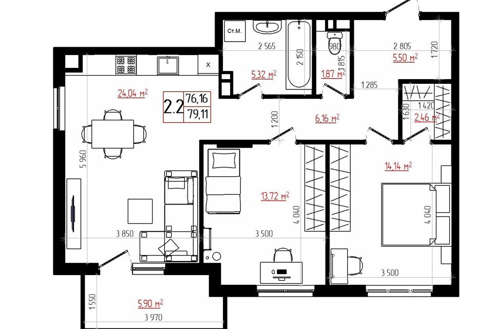 Продаётся 2-комнатная квартира, 78.7 м²