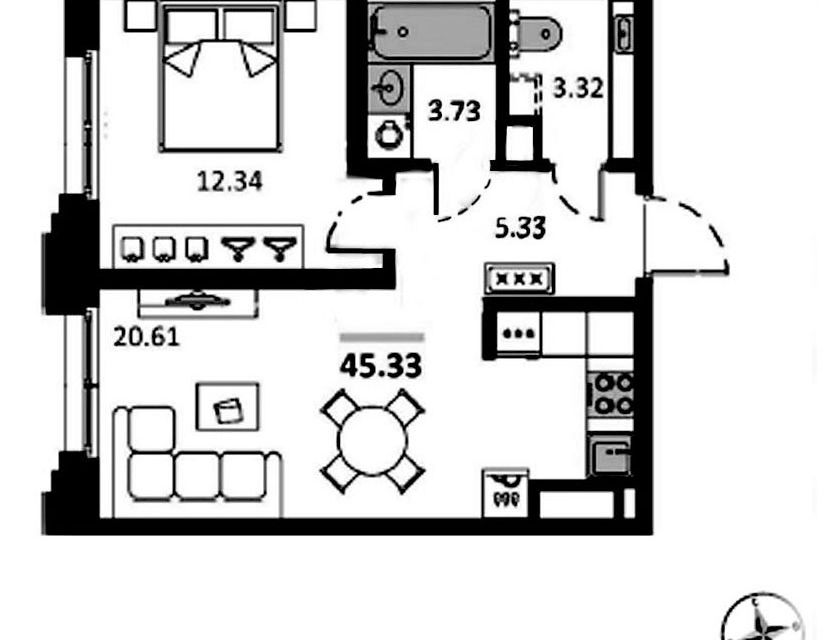 Продаётся 1-комнатная квартира, 45.33 м²