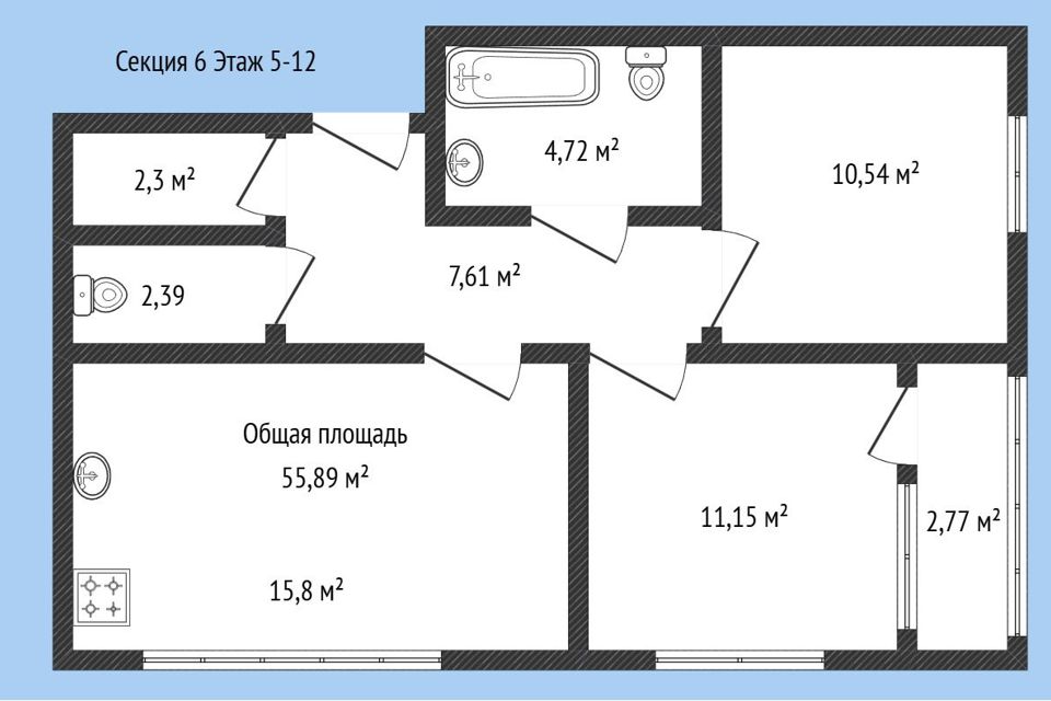 Продаётся 2-комнатная квартира, 55.89 м²