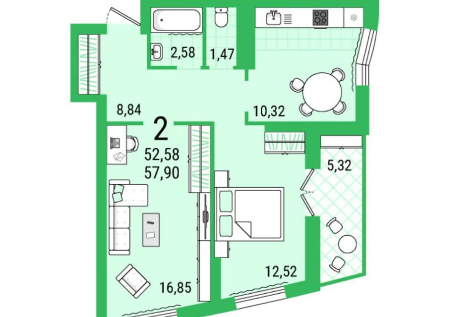Продаётся 2-комнатная квартира, 57.9 м²