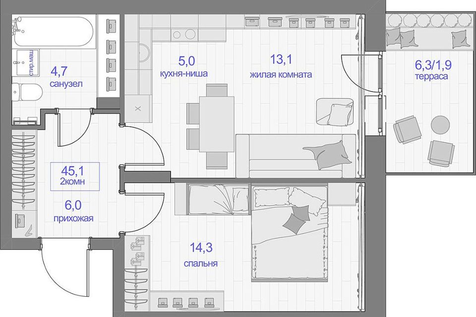 Продаётся 1-комнатная квартира, 45.1 м²