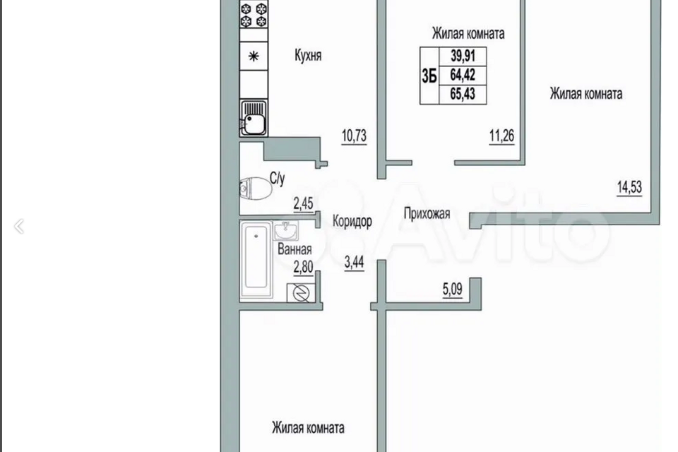 Продаётся 3-комнатная квартира, 65.4 м²