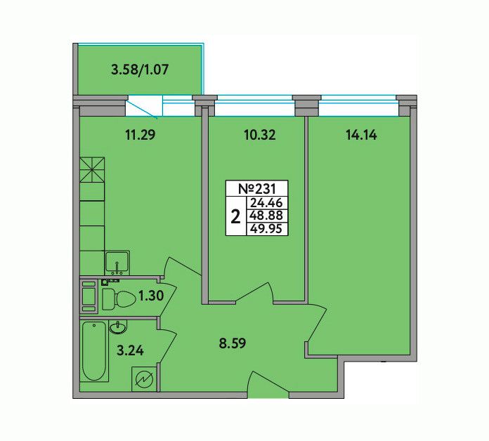 Продаётся 2-комнатная квартира, 49.95 м²