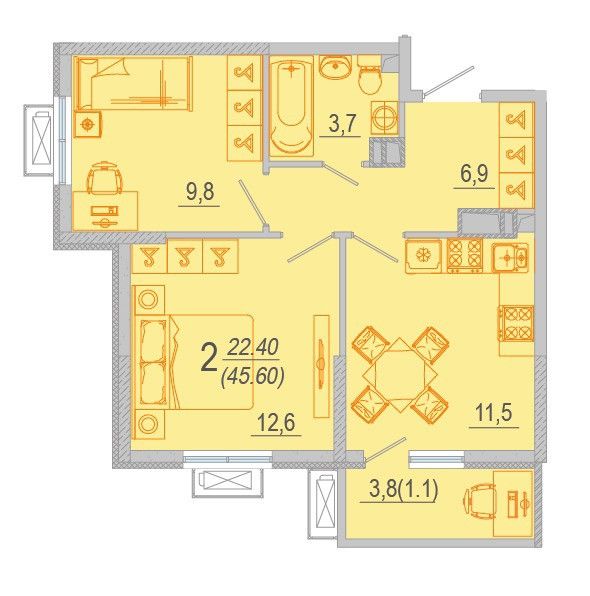 Продаётся 2-комнатная квартира, 45.6 м²