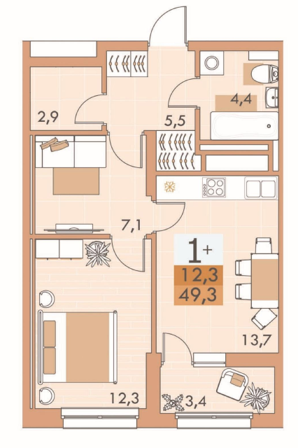 Продаётся 1-комнатная квартира, 49.1 м²