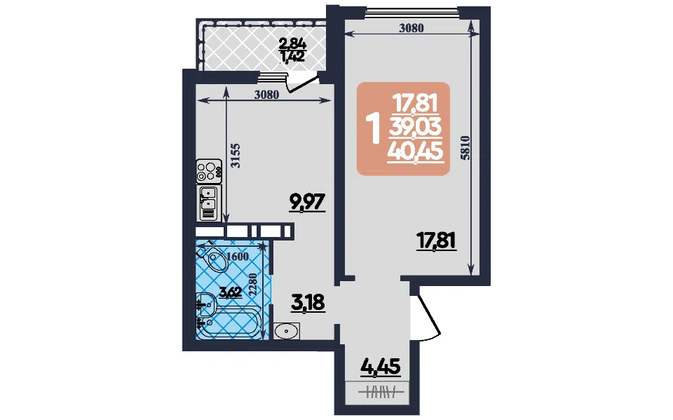 Продаётся 1-комнатная квартира, 40.5 м²