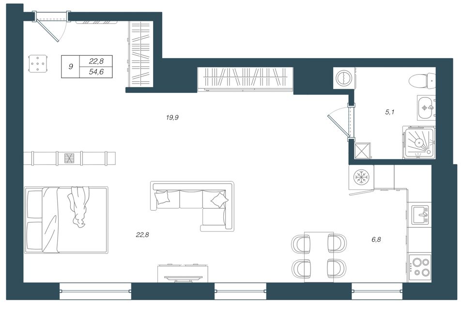 Продаётся 2-комнатная квартира, 54.6 м²