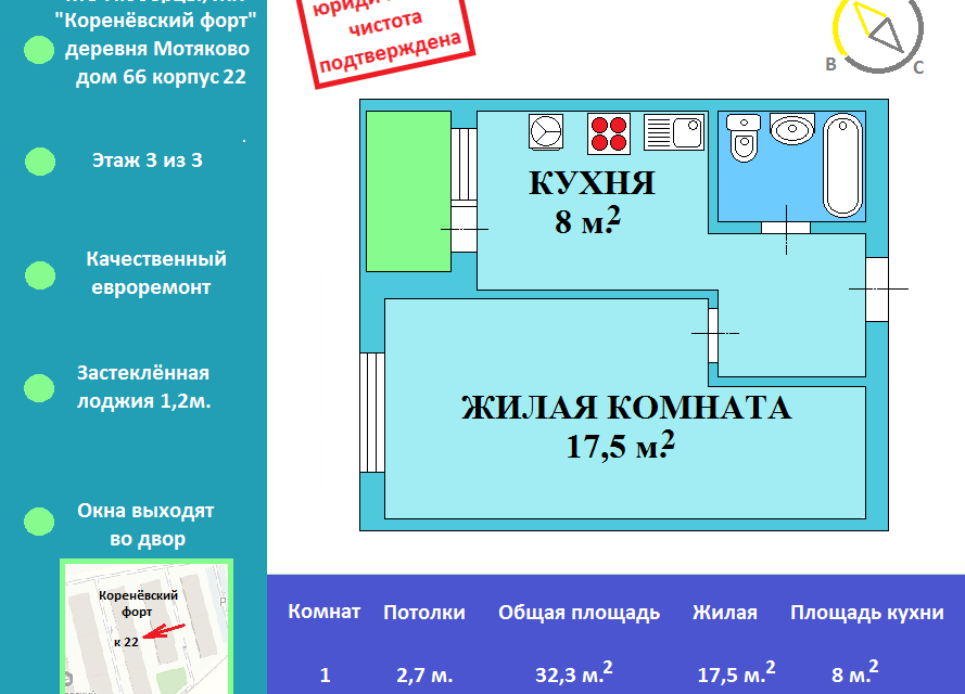 Продаётся 1-комнатная квартира, 32.3 м²