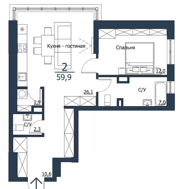 Продаётся 1-комнатная квартира, 59.9 м²