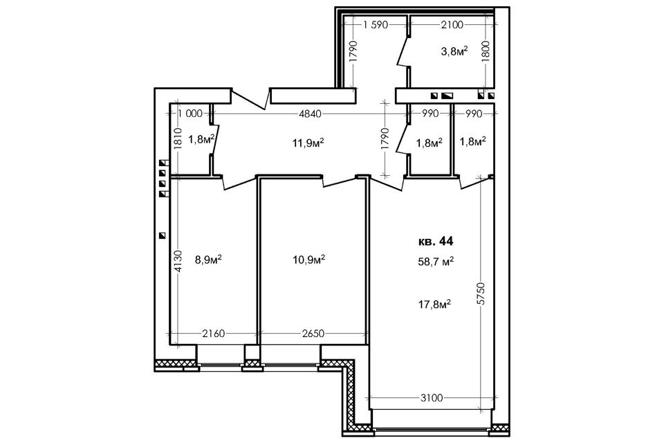 Продаётся 2-комнатная квартира, 58.7 м²