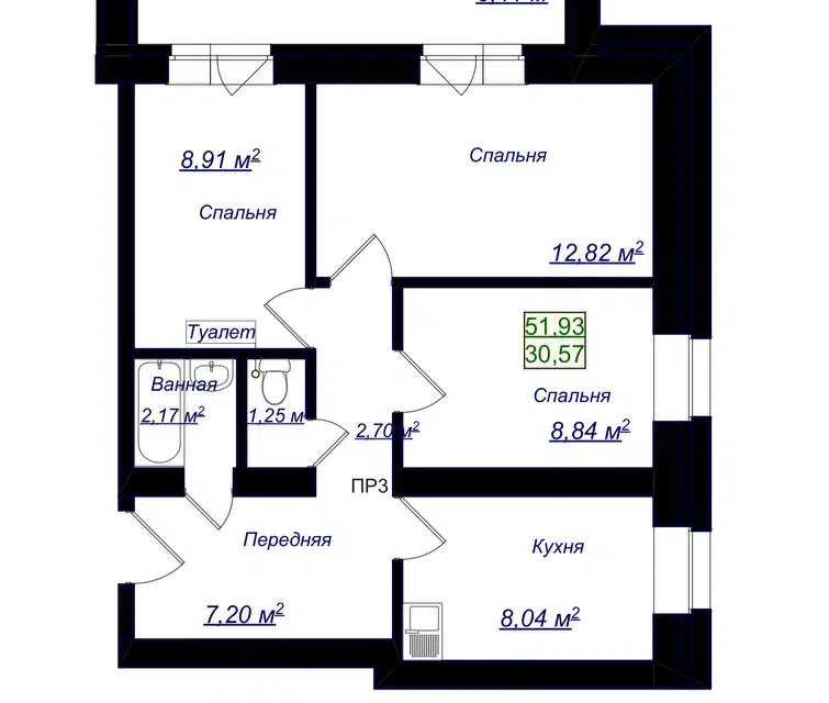 Продаётся 3-комнатная квартира, 52.6 м²