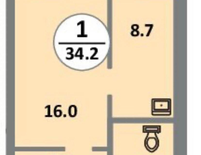 Продаётся 1-комнатная квартира, 34.4 м²