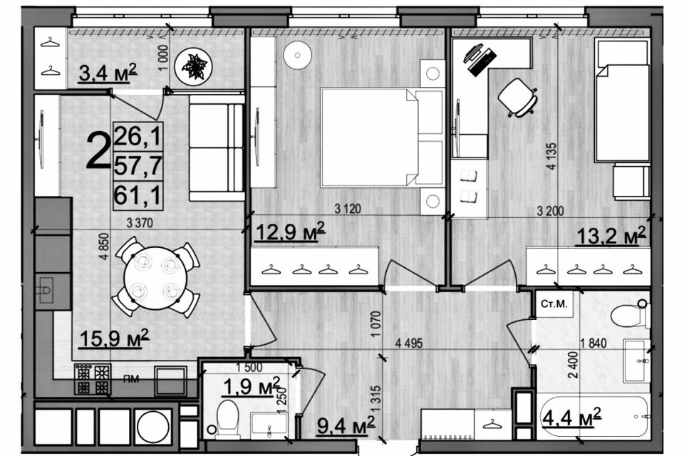 Продаётся 2-комнатная квартира, 62 м²