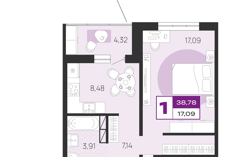 Продаётся 1-комнатная квартира, 38.78 м²