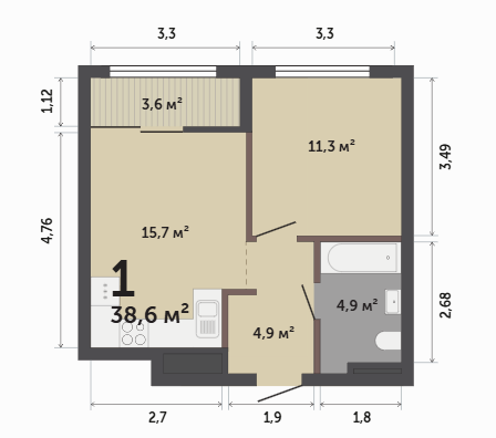 Продаётся 1-комнатная квартира, 38.6 м²