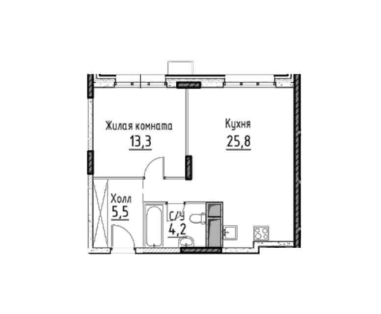 Продаётся 1-комнатная квартира, 48.8 м²