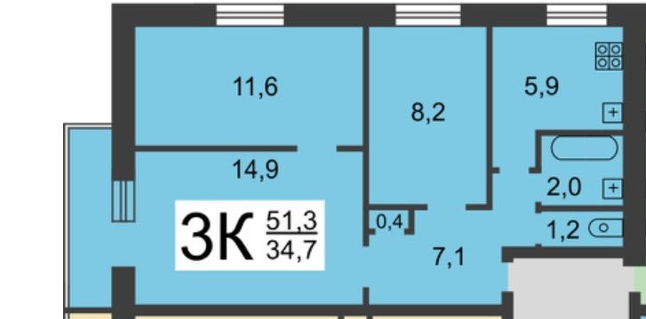 Продаётся 3-комнатная квартира, 52.3 м²