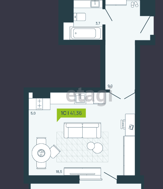 Продаётся 1-комнатная квартира, 41.36 м²