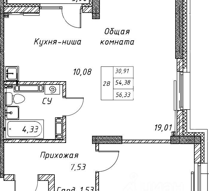 Продаётся 2-комнатная квартира, 56.33 м²