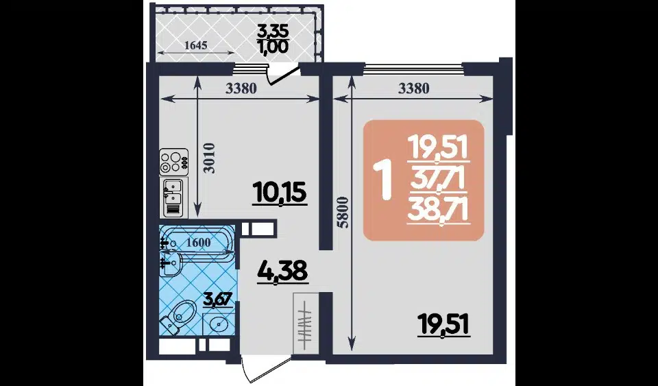Продаётся 1-комнатная квартира, 38.7 м²