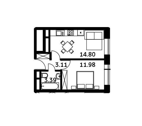 Продаётся 1-комнатная квартира, 33.28 м²