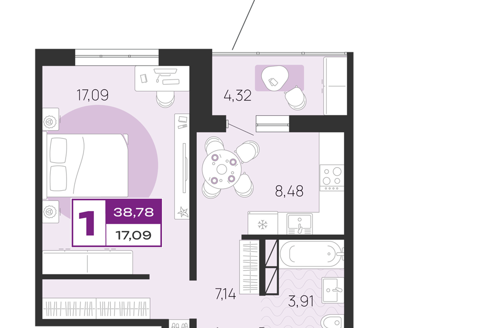 Продаётся 1-комнатная квартира, 38.78 м²