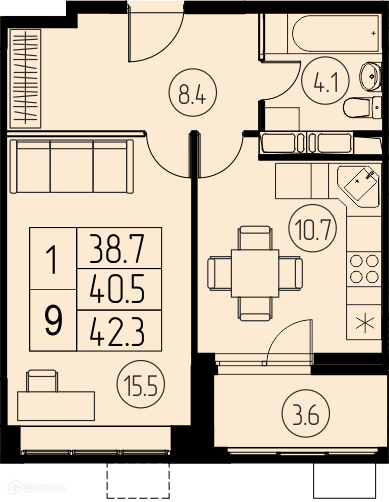 Продаётся 1-комнатная квартира, 40.5 м²