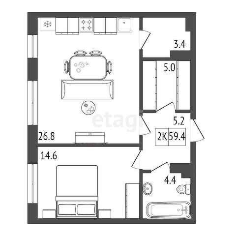 Продаётся 1-комнатная квартира, 59.4 м²