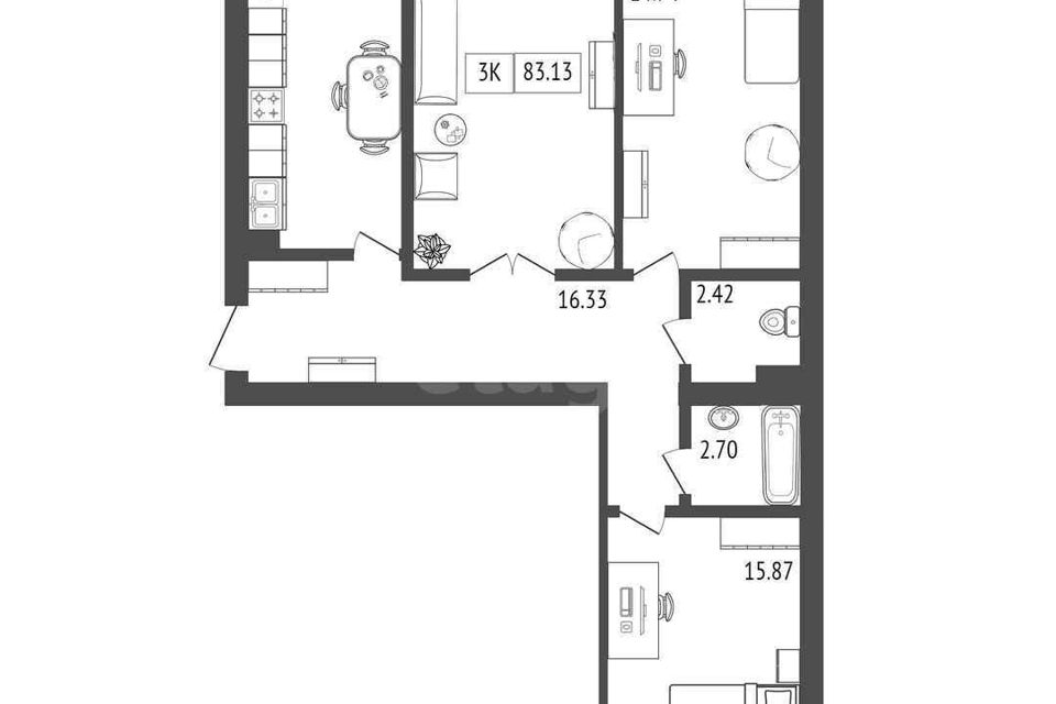 Продаётся 3-комнатная квартира, 84.69 м²