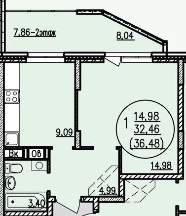 Продаётся 1-комнатная квартира, 36.56 м²