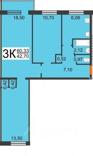 Продаётся 3-комнатная квартира, 60 м²