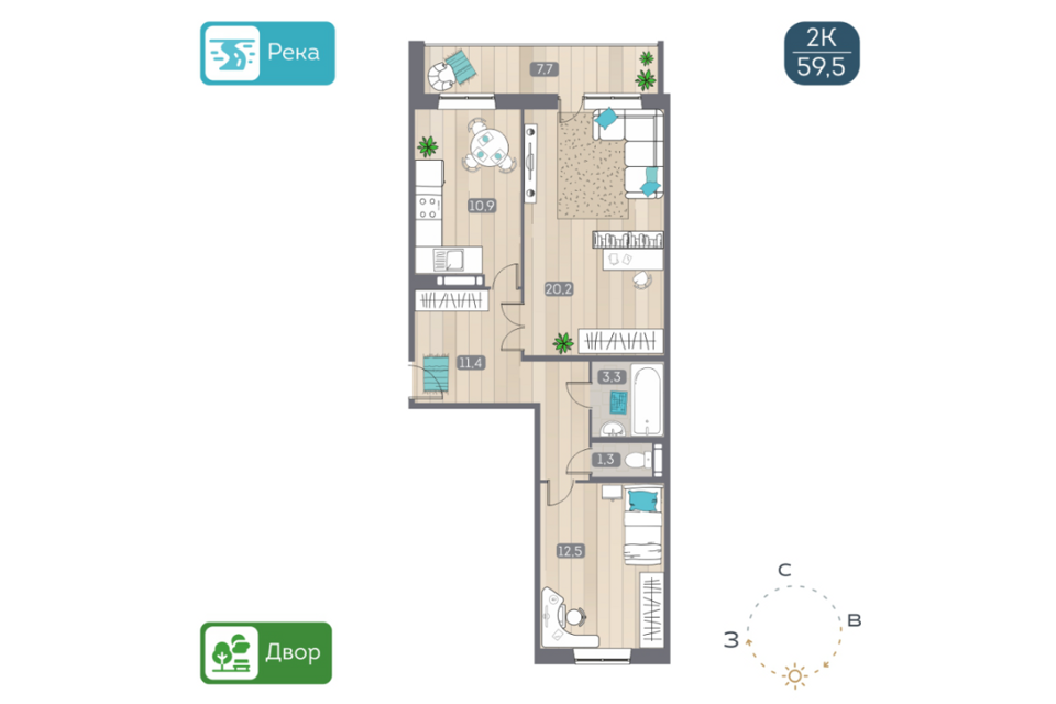 Продаётся 2-комнатная квартира, 59 м²